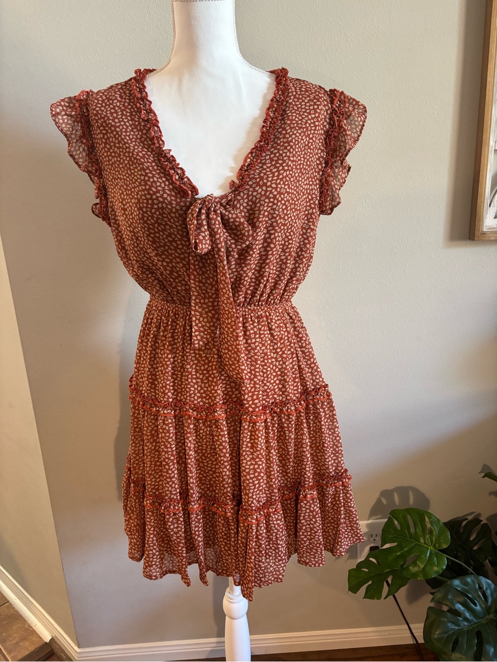 She + Sky Rust Floral Tie-Front Tiered Mini Dress